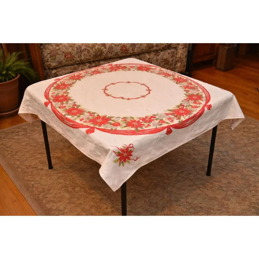 Vintage Christmas Poinsettia Tablecloth Square Holiday Red Green 50x50